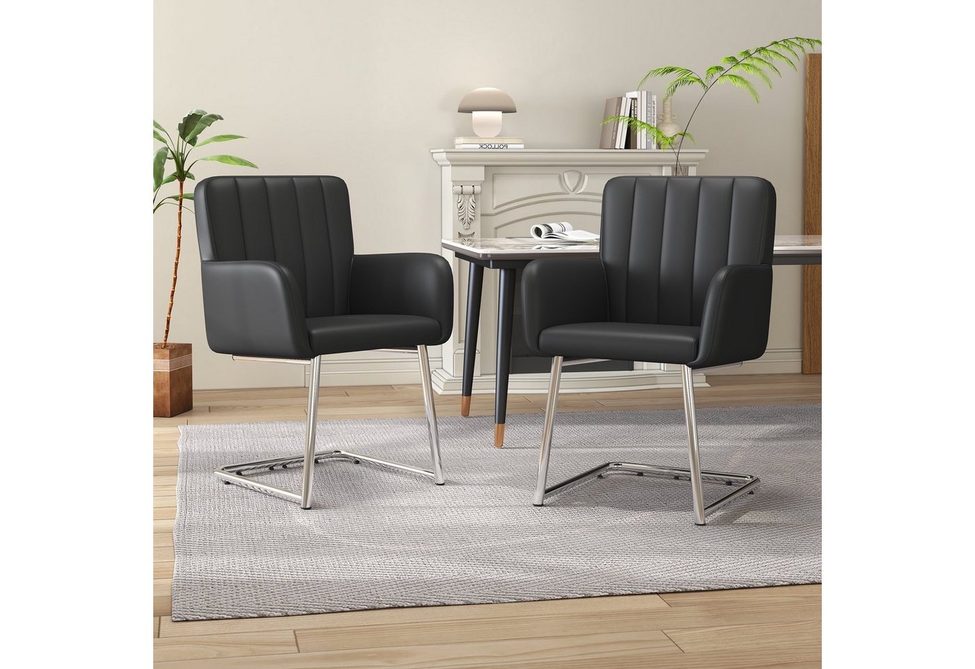 Odikalo Esszimmerstuhl 2er Set Sessel gepolstert zickzackform Metallbeine Leder schwarz/grau von Odikalo