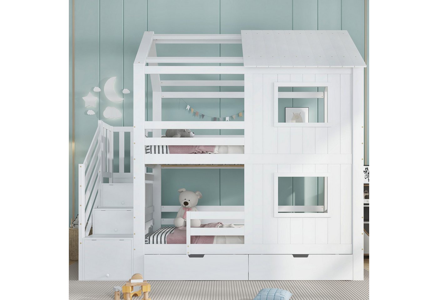 Odikalo Etagenbett 90x200 Kinderbett mit Stauraum & Rundum-Absturzschutz (Kinderbett, Treppenschrank mit Ablagefächern, Aufbewahrungsschublade mit Rollen, Schöne Fenster und Dach, Stabile Lattenroste, Kiefer + MDF+Sperrholz, Weiß, 90x200cm) von Odikalo