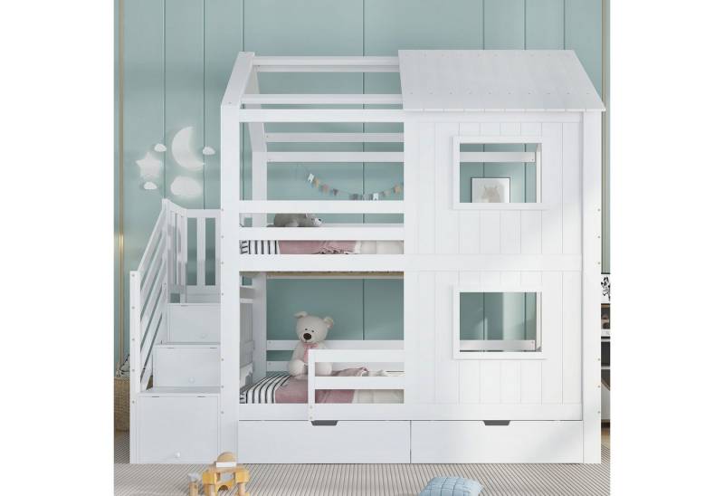 Odikalo Etagenbett 90x200 Kinderbett mit Stauraum & Rundum-Absturzschutz (Kinderbett, Treppenschrank mit Ablagefächern, Aufbewahrungsschublade mit Rollen, Schöne Fenster und Dach, Stabile Lattenroste, Kiefer + MDF+Sperrholz, Weiß, 90x200cm) Odikalo Etagenbett 90x200 Kinderbett mit Stauraum & Rundum-Absturzschutz (Kinderbett, Treppenschrank mit Ablagefächern, Aufbewahrungsschublade mit Rollen, Schöne Fenster und Dach, Stabile Lattenroste, Kiefer + MDF+Sperrholz, Weiß, 90x200cm) von Odikalo