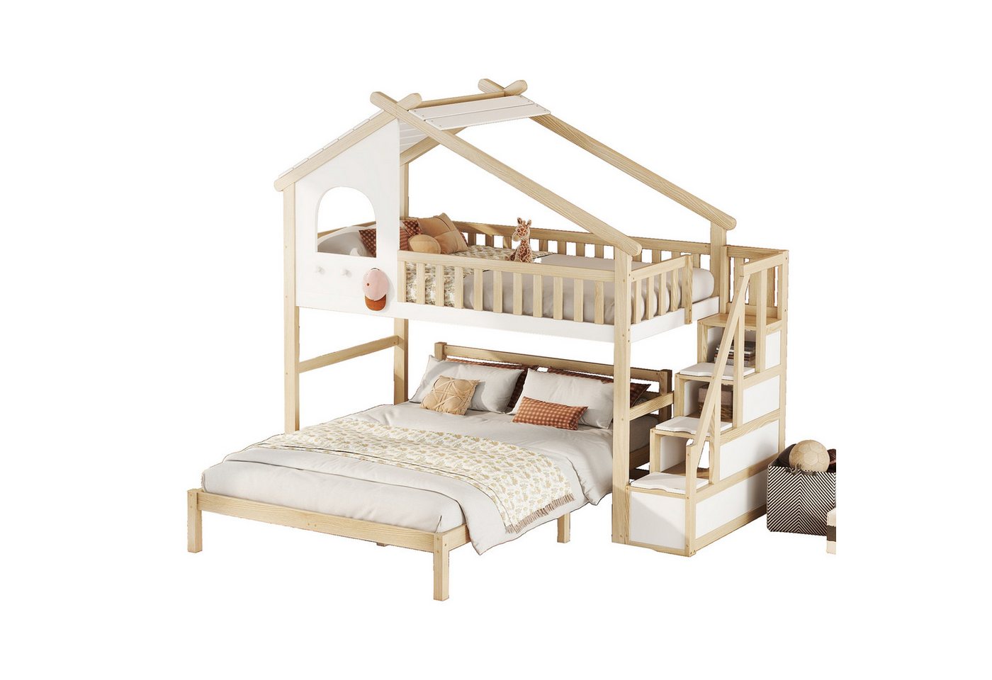 Odikalo Etagenbett Hochbett Hausleiste Stauraumleiter Stockwerk Natur 90*200+140*200cm von Odikalo