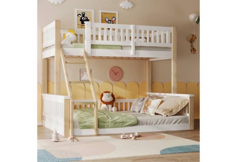 Odikalo Etagenbett Kinderbett 90x200cm+140x200cm Leiter Bettgitter Fallschutz Weiß/Natur von Odikalo