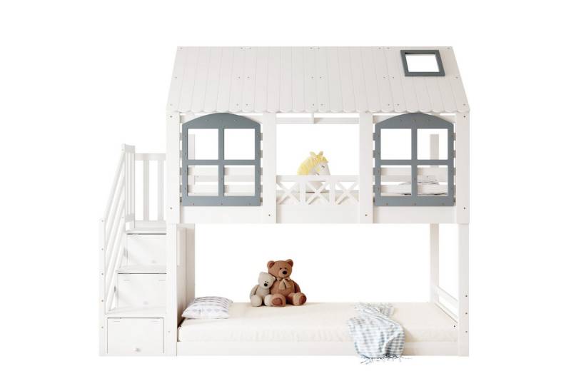 Odikalo Etagenbett Kinderbett Dach Fenster Fallschutzgitter Schließfächer Treppe 90x200cm von Odikalo
