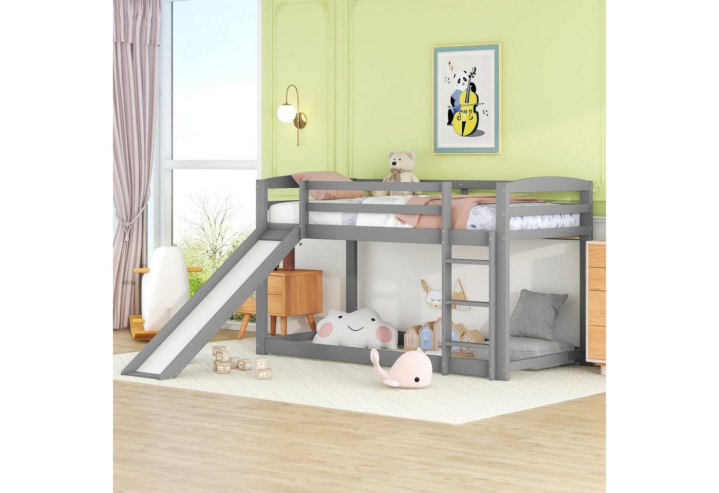 Odikalo Etagenbett Kinderbett Jugendbett Holzbett mit/ohne Rutsche 90x200 Weiβ/Grau/Natur von Odikalo