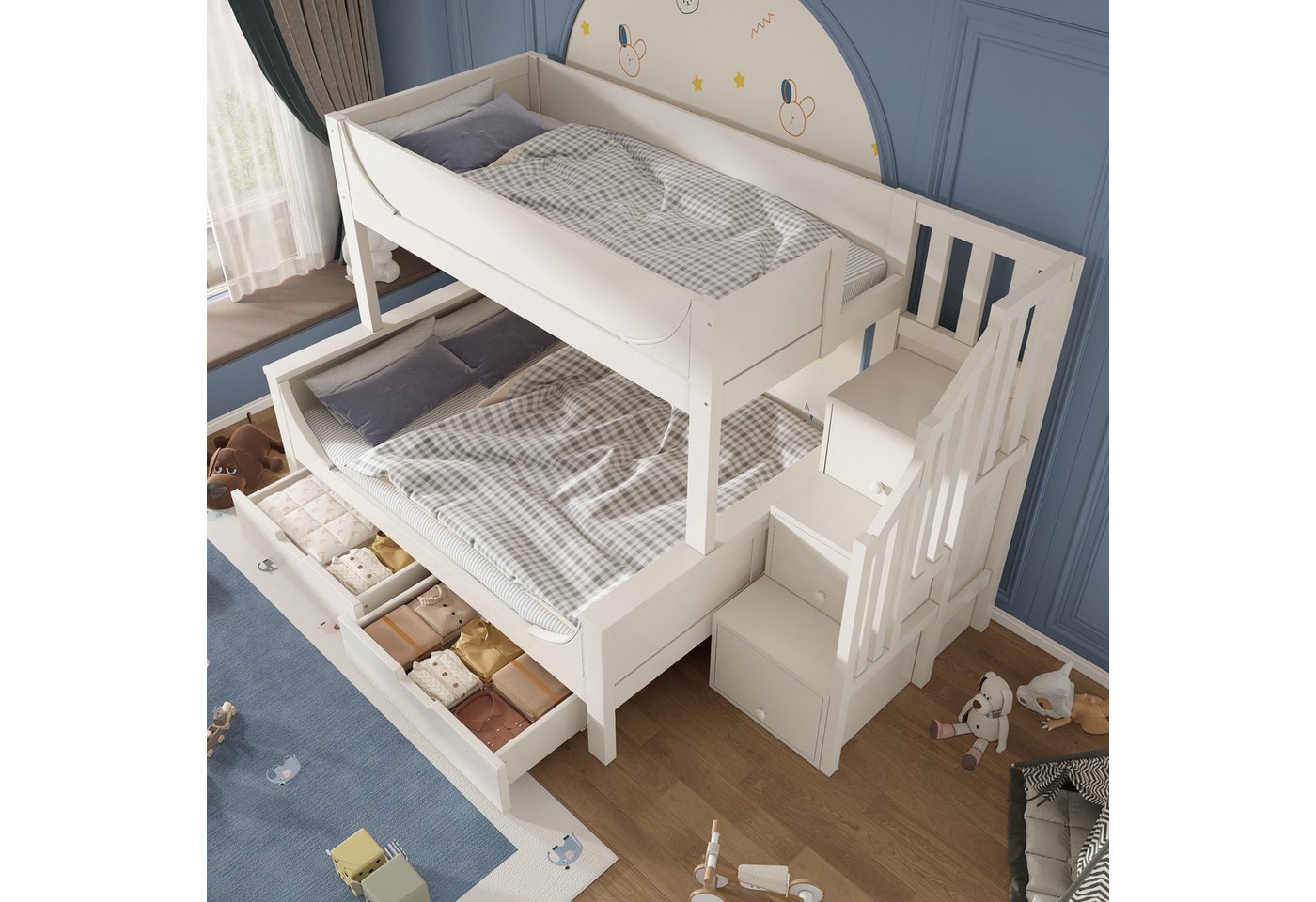Odikalo Etagenbett Kinderbett mit Leiterschrank und Schubladen (Elegante Schlittenform Design, Holzbett mit Rausfallschutz und Lattenrost, Oben 90x200cm, Unten 140x200cm Doppelbett) von Odikalo