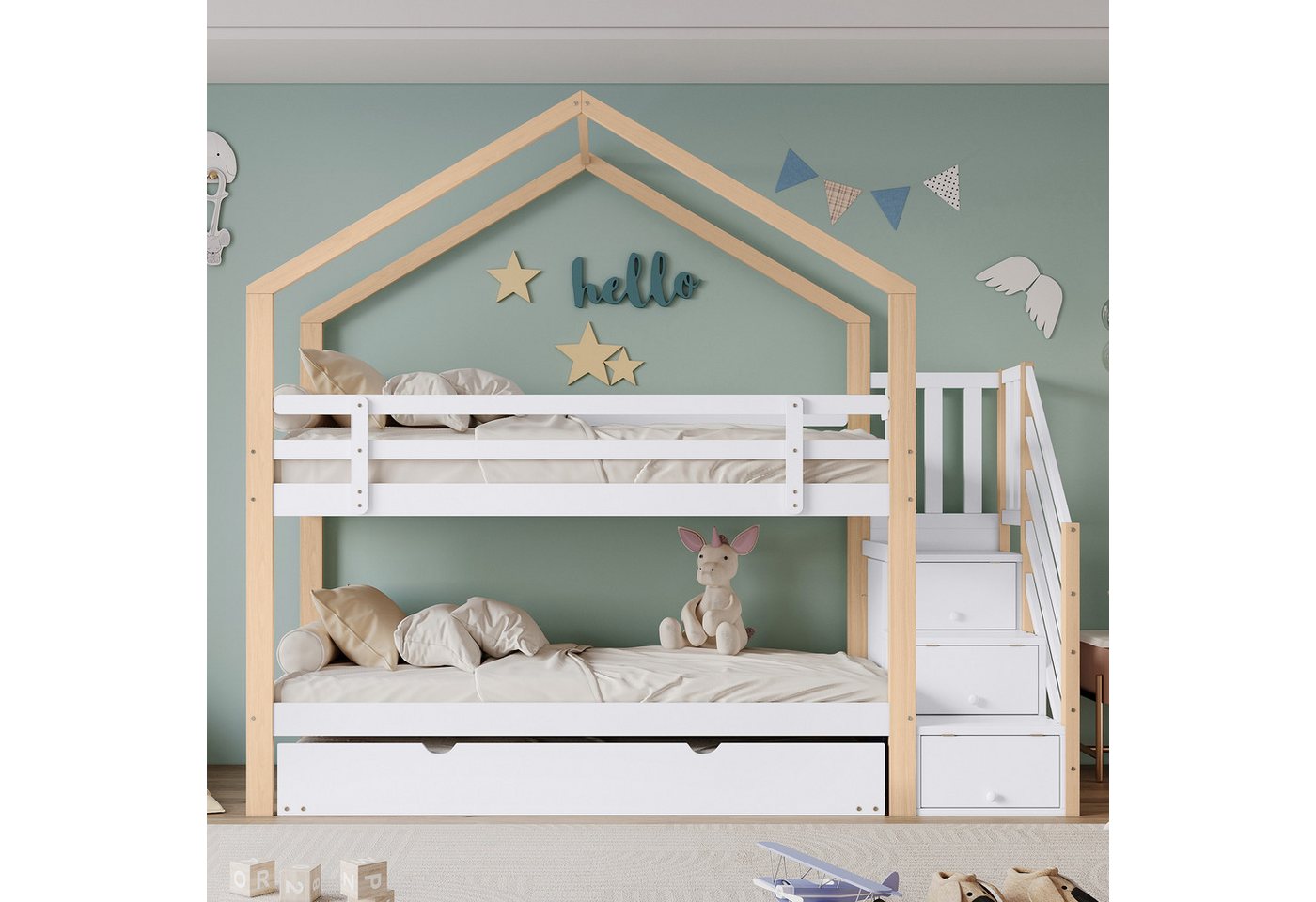 Odikalo Etagenbett Kinderbett mit Schubladen,Absturzsicherung,Natur+Weiß(90x200&90x190cm) von Odikalo