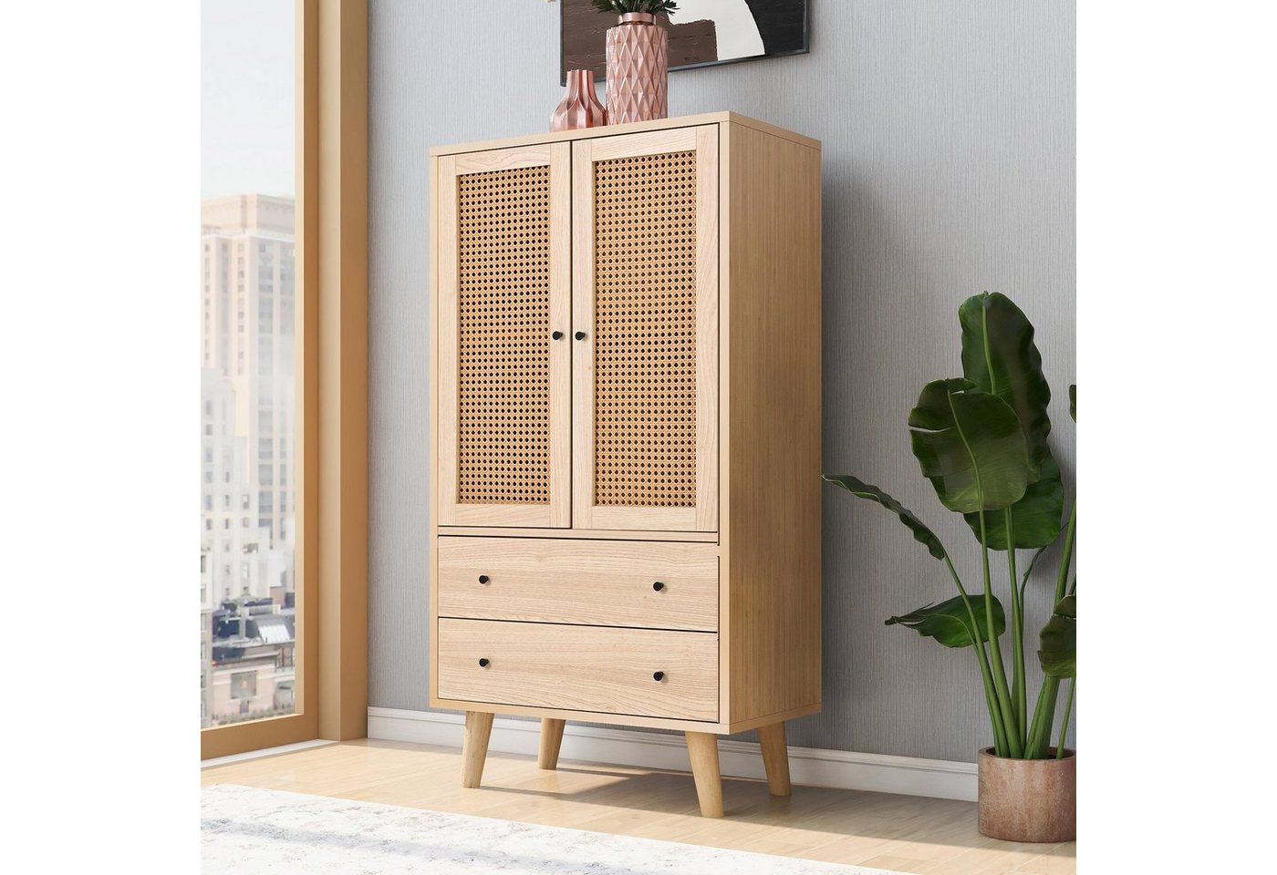 Odikalo Fächerschrank Sideboard Kommode Stehschrank Aufbewahrung TV-Tisch Natur 60 cm von Odikalo