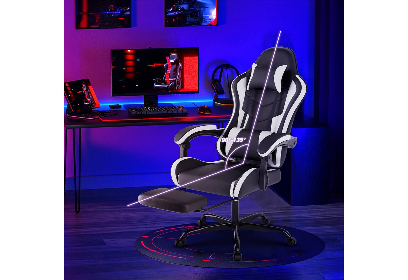 Odikalo Gaming-Stuhl Computerstuhl Bürostuhl Ergonomischer Stuhl Fußstütze Schwarz+Weiß von Odikalo