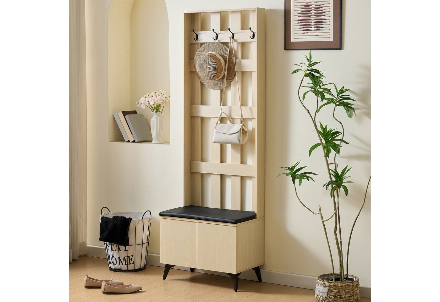 Odikalo Garderobe Kleiderschrank Garderoben-Set mit Schuhschrank natur (Moderne Garderobe mit Sitzbank und Kleiderhaken - Konstruktion, 4 Haken für Jacken und Taschen, Schwarze Stahlbeine, Praktische Stauraumoptionen, Stilvolles Design für Flur und Eingangsbereich) Odikalo Garderobe Kleiderschrank Garderoben-Set mit Schuhschrank natur (Moderne Garderobe mit Sitzbank und Kleiderhaken - Konstruktion, 4 Haken für Jacken und Taschen, Schwarze Stahlbeine, Praktische Stauraumoptionen, Stilvolles Design für Flur und Eingangsbereich) von Odikalo