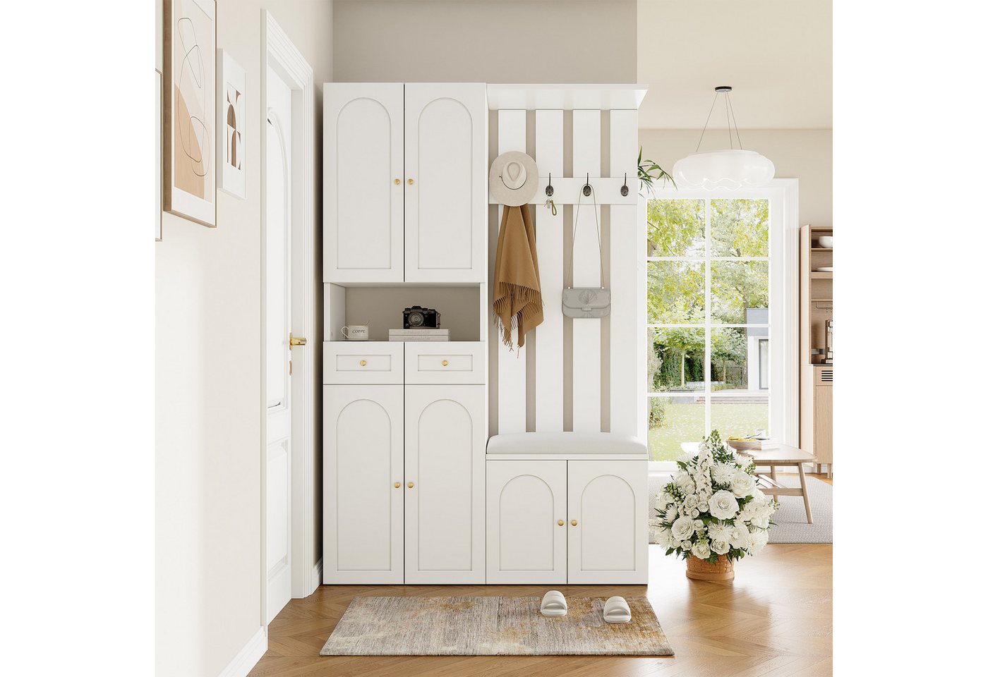 Odikalo Garderoben-Set Flurschrank Wandgarderobe mit Schuhbank und schuhrank weiss von Odikalo