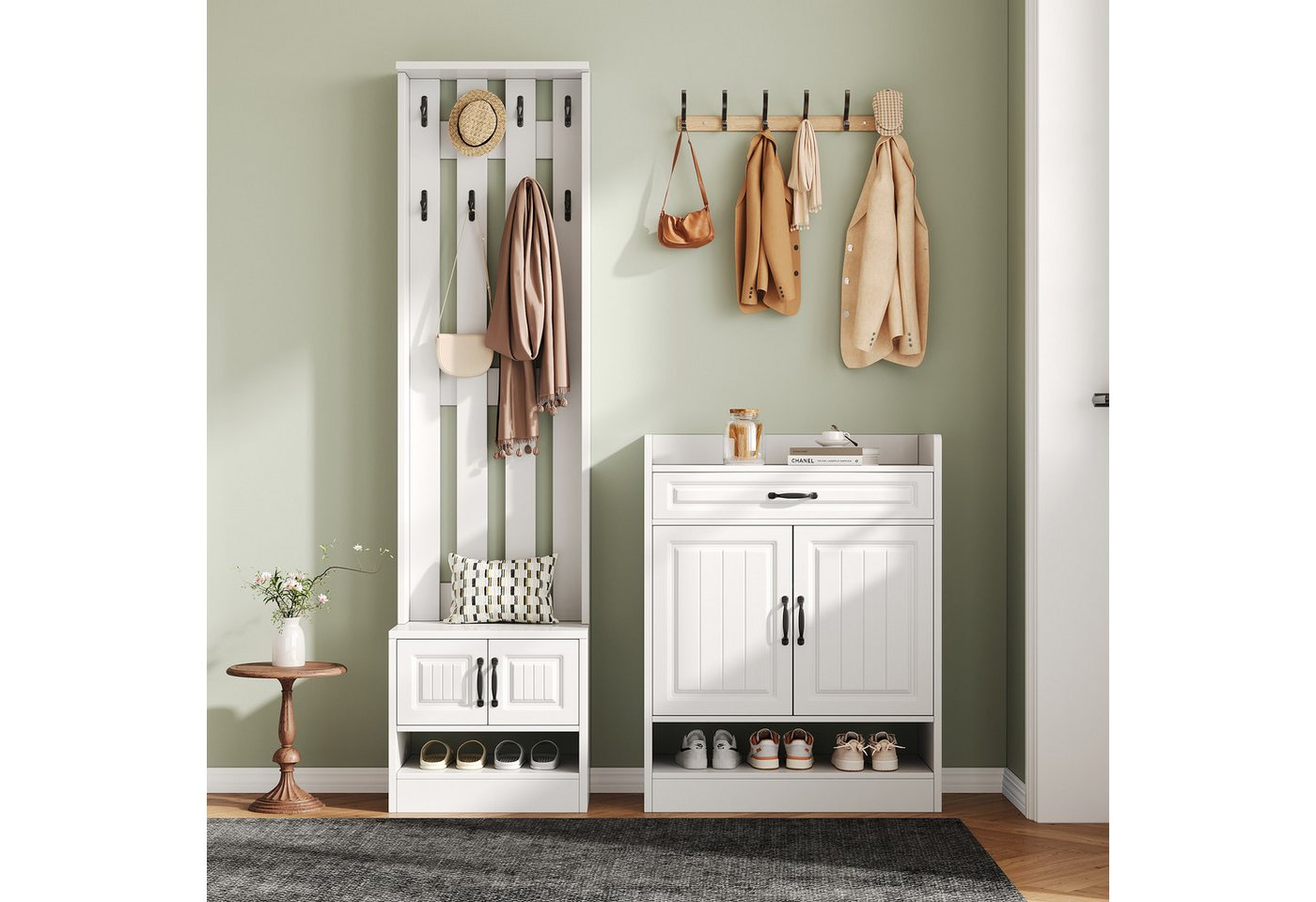 Odikalo Garderoben-Set Flurschrank Wandgarderobe mit Schuhbank und schuhrank weiss von Odikalo