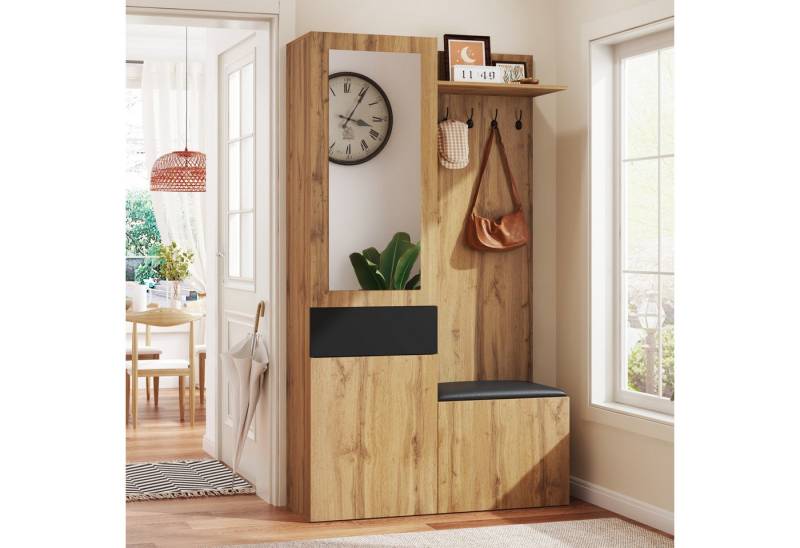 Odikalo Garderoben-Set Kleiderschrank Kleiderablage Schuhschrank Regalen Spiegel Haken Natur von Odikalo