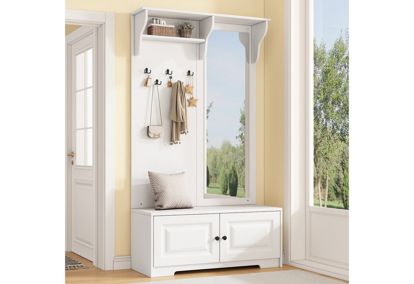 Odikalo Garderoben-Set Kompaktgarderobe Garderobenset, (100*40*180cm Garderoben mit Spiegel, 5 Kleiderhaken, 2 Schränken und Regal, Flur Garderobenständer Kleiderständer mit Schuhschrank, Flurgarderoben, Kompaktgarderobe, Weiß) von Odikalo