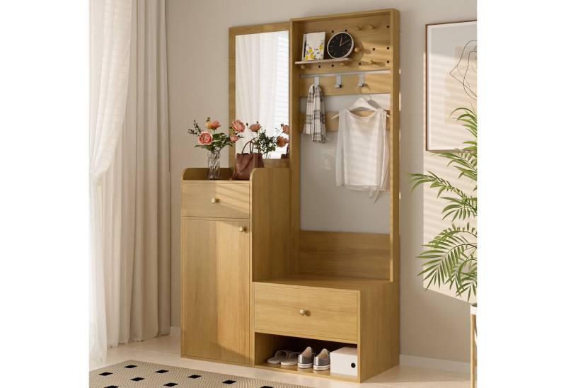 Odikalo Garderobenschrank Stehschrank Flurgarderobe Kleiderschrank (Kompaktgarderobe, Modernes Multifunktionales Eingangsregal – Elegante weiße Aufbewahrung mit Spiegel, verstellbaren Haken und geräumigen Regalen für Schuhe, Mäntel und kleine Gegenstände, 105 cm) von Odikalo