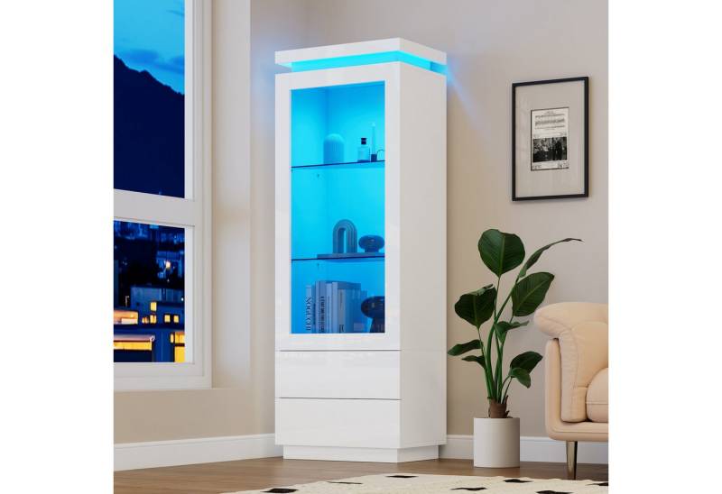 Odikalo Glasvitrine Standregal Hochschrank 2 Schubladen Hochglanz LED Klapptür Weiß von Odikalo