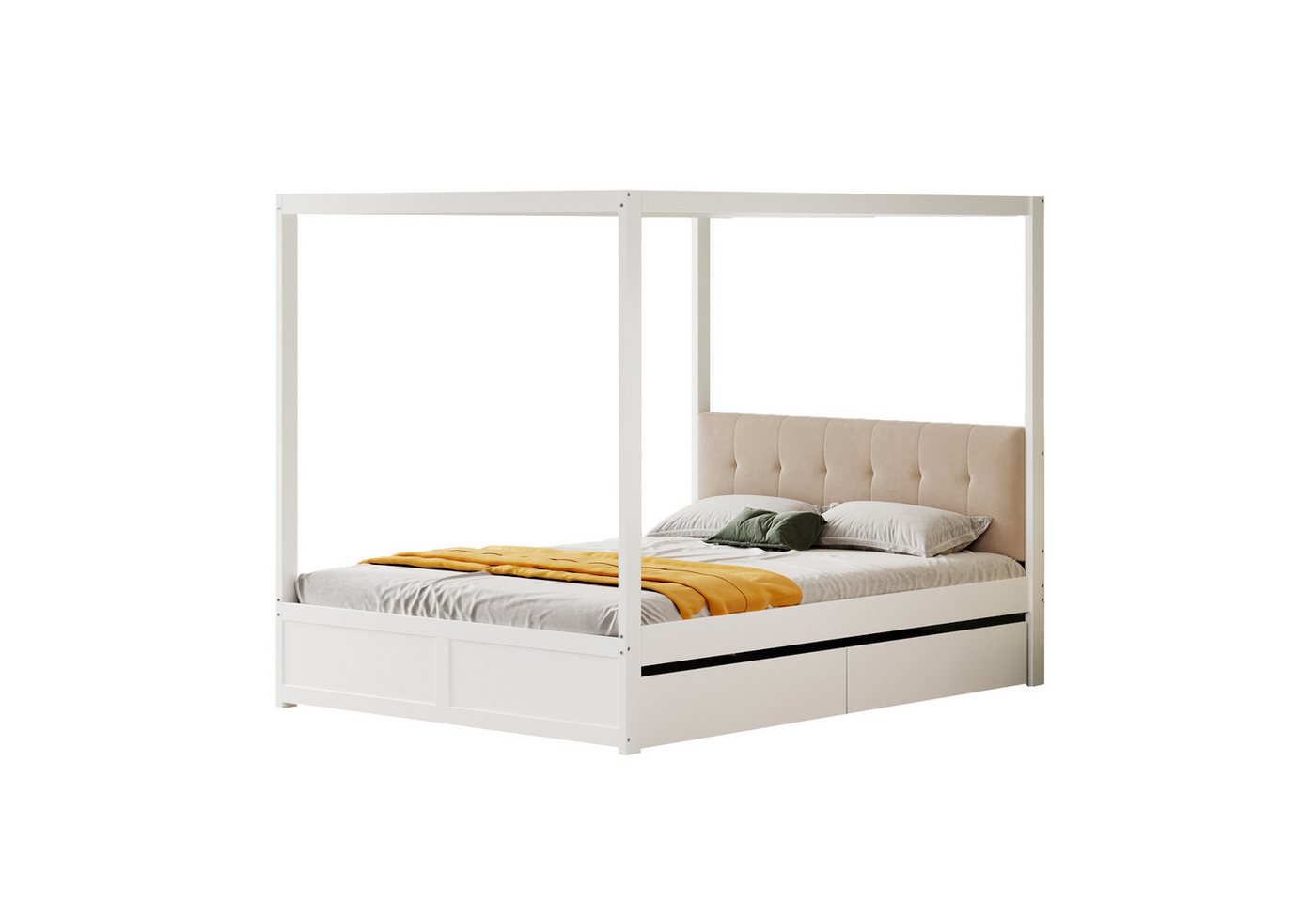 Odikalo Himmelbett Polsterbett Holzbett Schubladen weicher Rückenlehne weiß 140*200cm von Odikalo