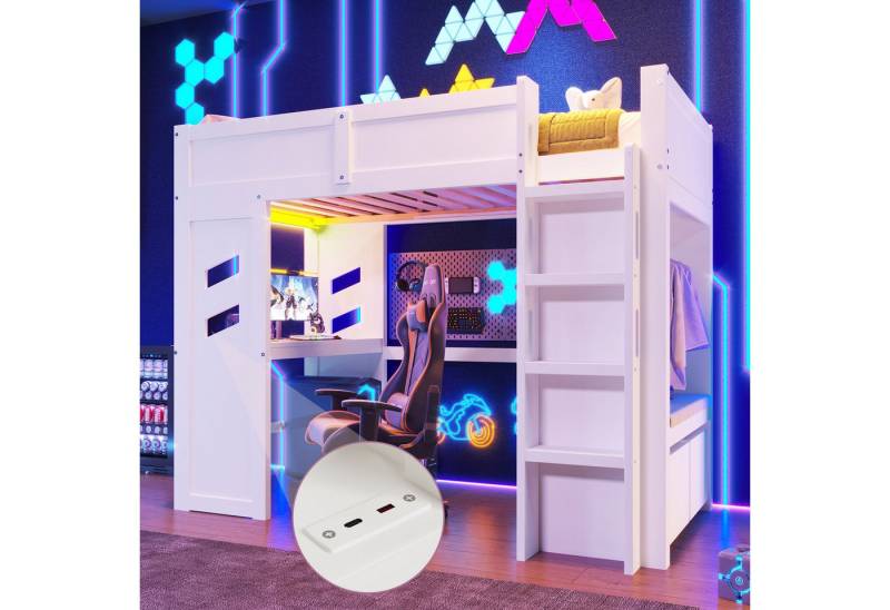 Odikalo Hochbett 90x200 140x200 Jugendbett Kinderbett mit Schreibtisch LED und USB (90x200 / 140x200 cm Gaming, Bett mit Schreibtisch, Mit LED-Leuchten, 1 USB-Anschlüssen, 1 Typ-C ausgestattet, Leiter, Schreibtisch,Schublade, Wäscheständer, Ohne Matratze, Weiß) Odikalo Hochbett 90x200 140x200 Jugendbett Kinderbett mit Schreibtisch LED und USB (90x200 / 140x200 cm Gaming, Bett mit Schreibtisch, Mit LED-Leuchten, 1 USB-Anschlüssen, 1 Typ-C ausgestattet, Leiter, Schreibtisch,Schublade, Wäscheständer, Ohne Matratze, Weiß) von Odikalo