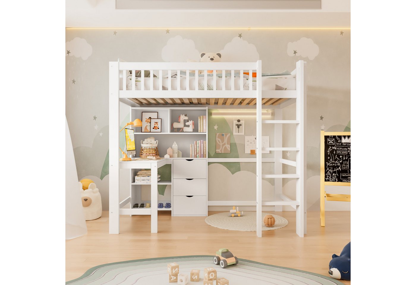 Odikalo Hochbett 90x200 140x200 Kinderbett Jugendbett mit Schreibtisch & Bücherregal (90x200 cm, 140x200 cm, mehrere Ablagefächer, Leiter, Schreibtisch, 3 Schubladen, ohne Matratze,Weiß) von Odikalo