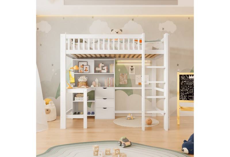 Odikalo Hochbett 90x200 140x200 Kinderbett Jugendbett mit Schreibtisch & Bücherregal (90x200 cm, 140x200 cm, mehrere Ablagefächer, Leiter, Schreibtisch, 3 Schubladen, ohne Matratze,Weiß) von Odikalo