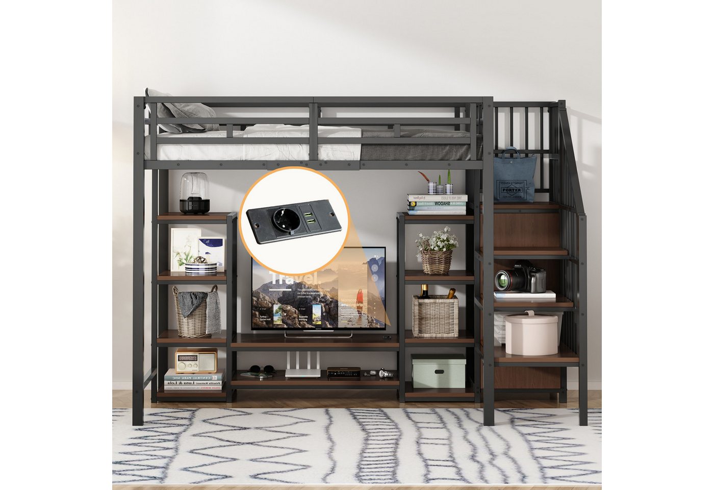 Odikalo Hochbett 90x200 140x200 Metallbett mit Steckdose & Ablagefach (Hochbett 90x200 / 140x200 mit TV-Ständer, Steckdose und Sicherheitsleiter, Stabile Metall-Holz-Kombination, modernes, platzsparendes Hochbett, Kinder-Etagenbettmit praktischem Stauraum, schwarz) von Odikalo