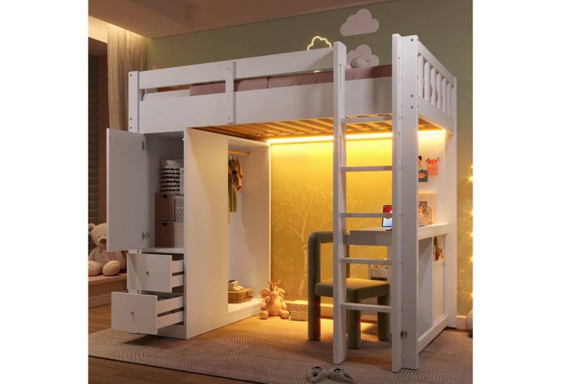 Odikalo Hochbett 90x200 Kinderbett mit Schreibtisch und LED (90x200 Hochbett mit 4 Schubladen und 1 Stauraumschrank, Unterbettschreibtisch, offenem Kleiderschrank, LED-Licht und USB, weiß) von Odikalo