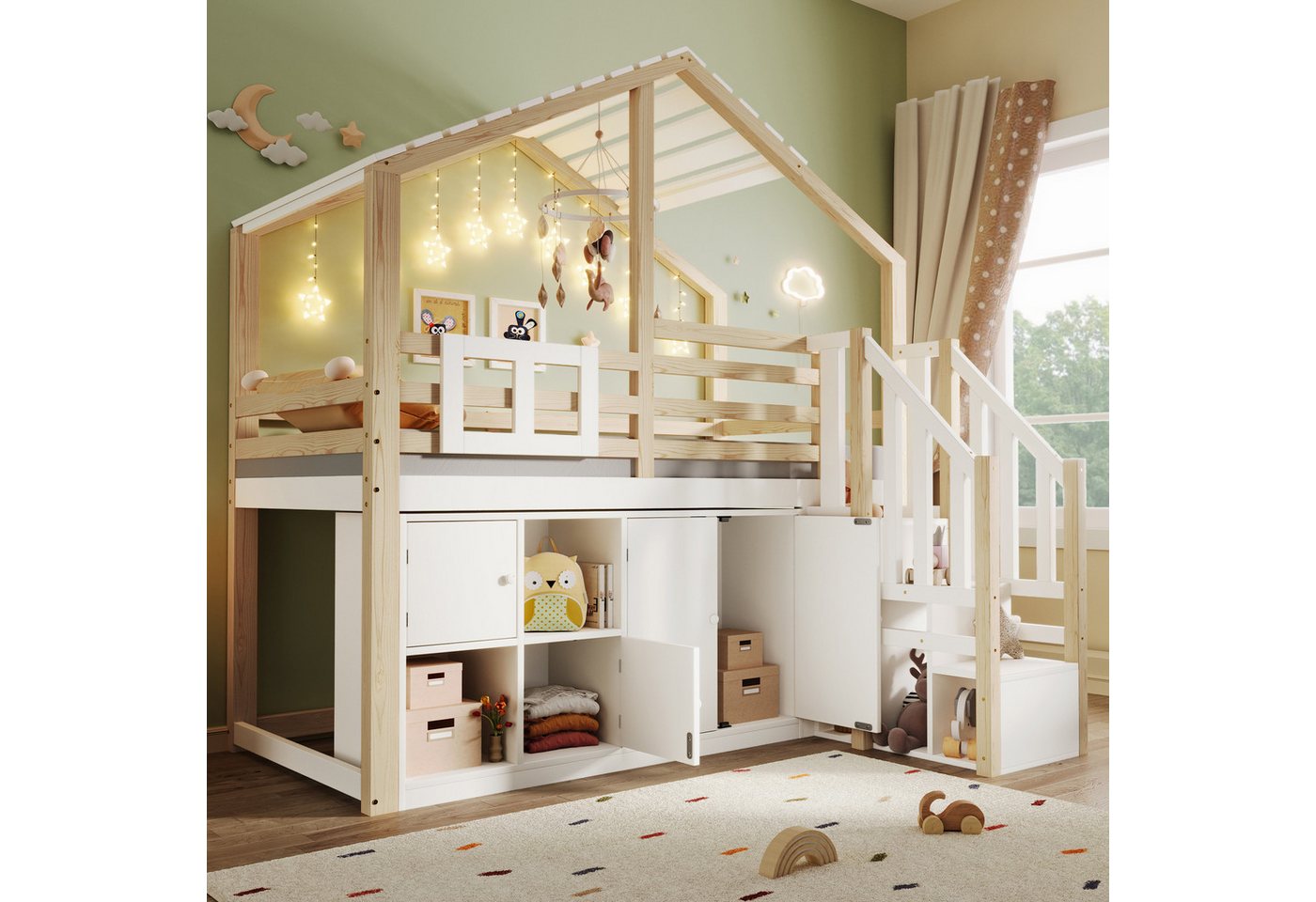 Odikalo Hochbett 90x200cm Hausform Schließfächer Stauraumleiter Fenster Weiß + Natur von Odikalo