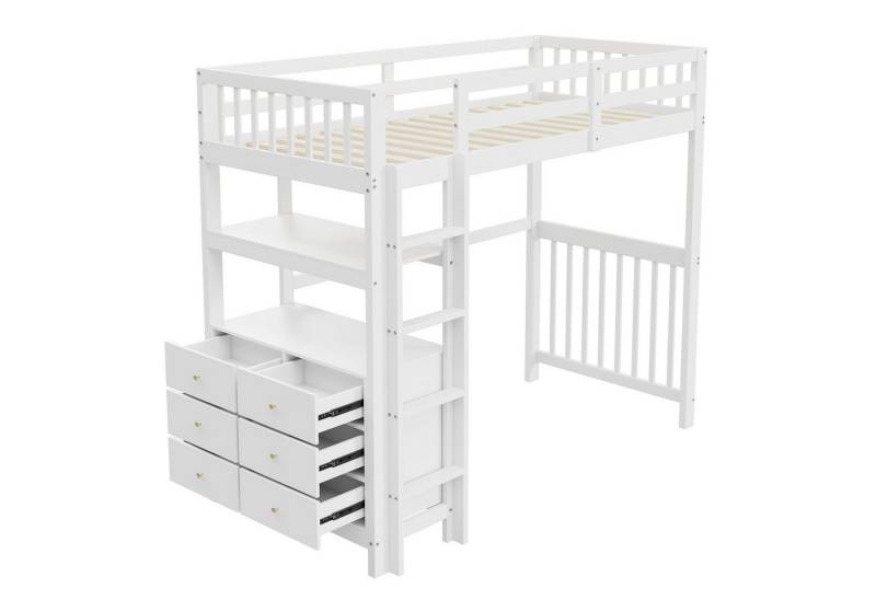Odikalo Hochbett Jugendbett Einzelbett Sicherheitsleiter Schubladen Regale Holz 90*200 von Odikalo