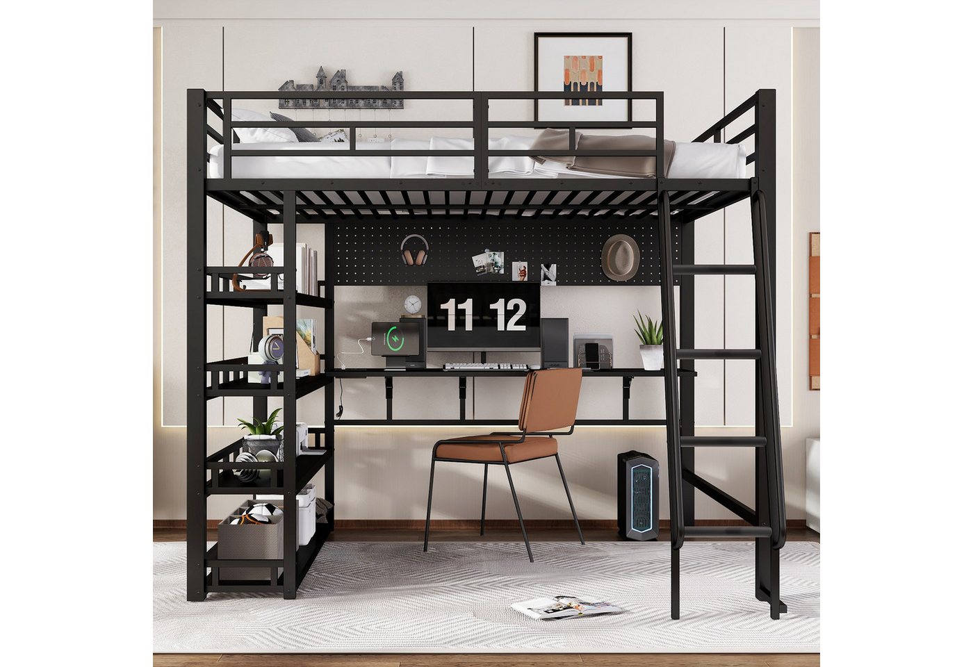 Odikalo Hochbett 140x200 Metallbett mit Schreibtisch & Stauraum (Eisenbett, Kinderbett, Jugendbett, Mit Ablagen und viel Stauraum, Ausgestattet mit Ladeanschluss, Vierstufige Schrägleiter, Kann Gegenstände aufhängen, Eisen + Spanplatte, Schwarz, 140x200cm) von Odikalo
