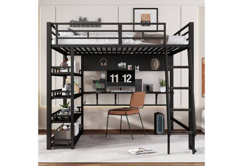 Odikalo Hochbett 140x200 Metallbett mit Schreibtisch & Stauraum (Eisenbett, Kinderbett, Jugendbett, Mit Ablagen und viel Stauraum, Ausgestattet mit Ladeanschluss, Vierstufige Schrägleiter, Kann Gegenstände aufhängen, Eisen + Spanplatte, Schwarz, 140x200cm) von Odikalo