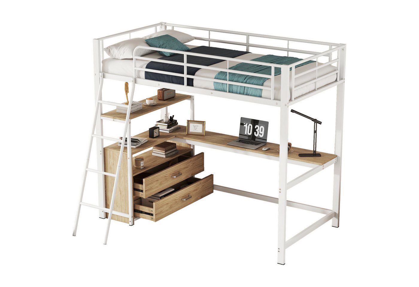 Odikalo Hochbett Jugendbett Metallbett L-förmigem Schreibtisch und einem Regal90x200cm Odikalo Hochbett Jugendbett Metallbett L-förmigem Schreibtisch und einem Regal90x200cm von Odikalo