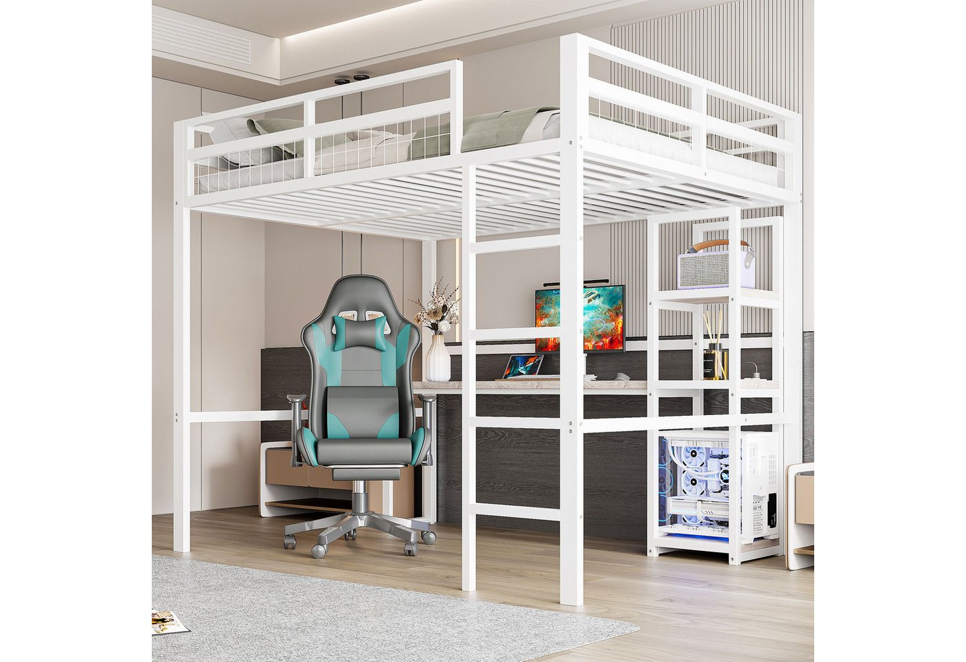 Odikalo Hochbett Jugendbett Metallbett Regalböden Schreibtisch USB 140x200 Weiß/Schwarz von Odikalo