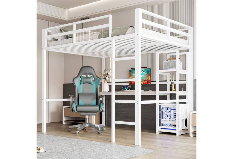 Odikalo Hochbett Jugendbett Metallbett Regalböden Schreibtisch USB 140x200 Weiß/Schwarz von Odikalo