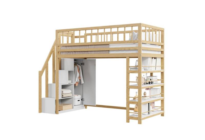 Odikalo Hochbett Kinderbett Jugendbett Kleiderschrank Regalen Stauraum90x200 Natür+Weiß von Odikalo
