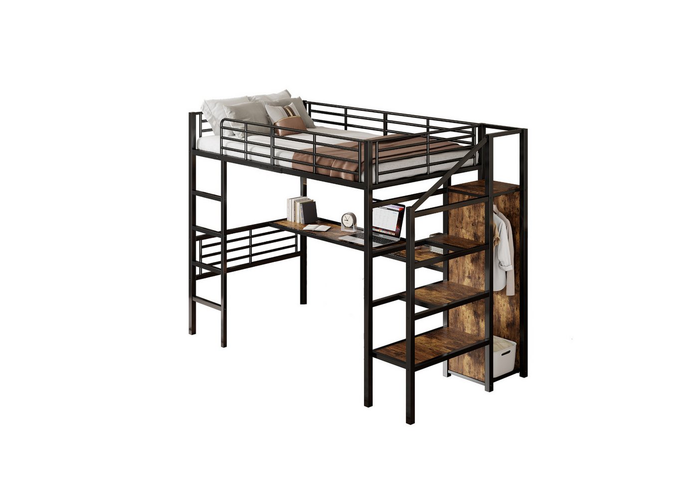 Odikalo Hochbett Jugendbett Schreibtisch Kleiderschrank Schwarz90/140(Ohne Matratze) von Odikalo