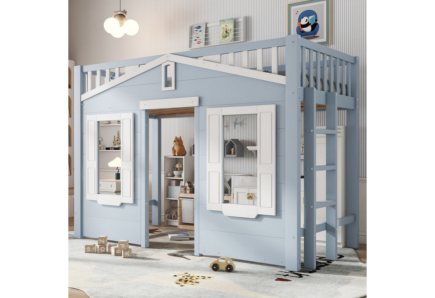 Odikalo Hochbett Kinderbett 90x200 mit Stauraum unter dem Bett (Hochbett, Kinderbett, Platz unter dem Bett für flexible Gestaltung, Schöne Fenstergestaltung, Sichere und stabile Leiter, Kiefer + MDF + Sperrholz, Blau, 90x200cm) Odikalo Hochbett Kinderbett 90x200 mit Stauraum unter dem Bett (Hochbett, Kinderbett, Platz unter dem Bett für flexible Gestaltung, Schöne Fenstergestaltung, Sichere und stabile Leiter, Kiefer + MDF + Sperrholz, Blau, 90x200cm) von Odikalo