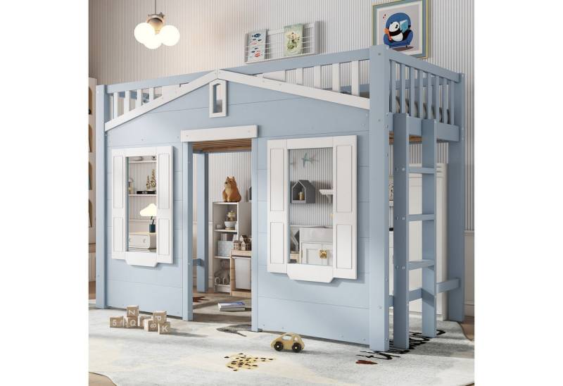Odikalo Hochbett Kinderbett 90x200 mit Stauraum unter dem Bett (Hochbett, Kinderbett, Platz unter dem Bett für flexible Gestaltung, Schöne Fenstergestaltung, Sichere und stabile Leiter, Kiefer + MDF + Sperrholz, Blau, 90x200cm) von Odikalo