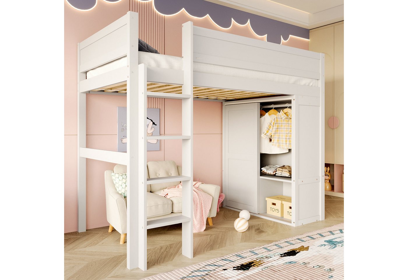 Odikalo Hochbett Kinderbett Holzbett Kleiderschrank Staufach Unterbettraum 90x200 Weiß von Odikalo
