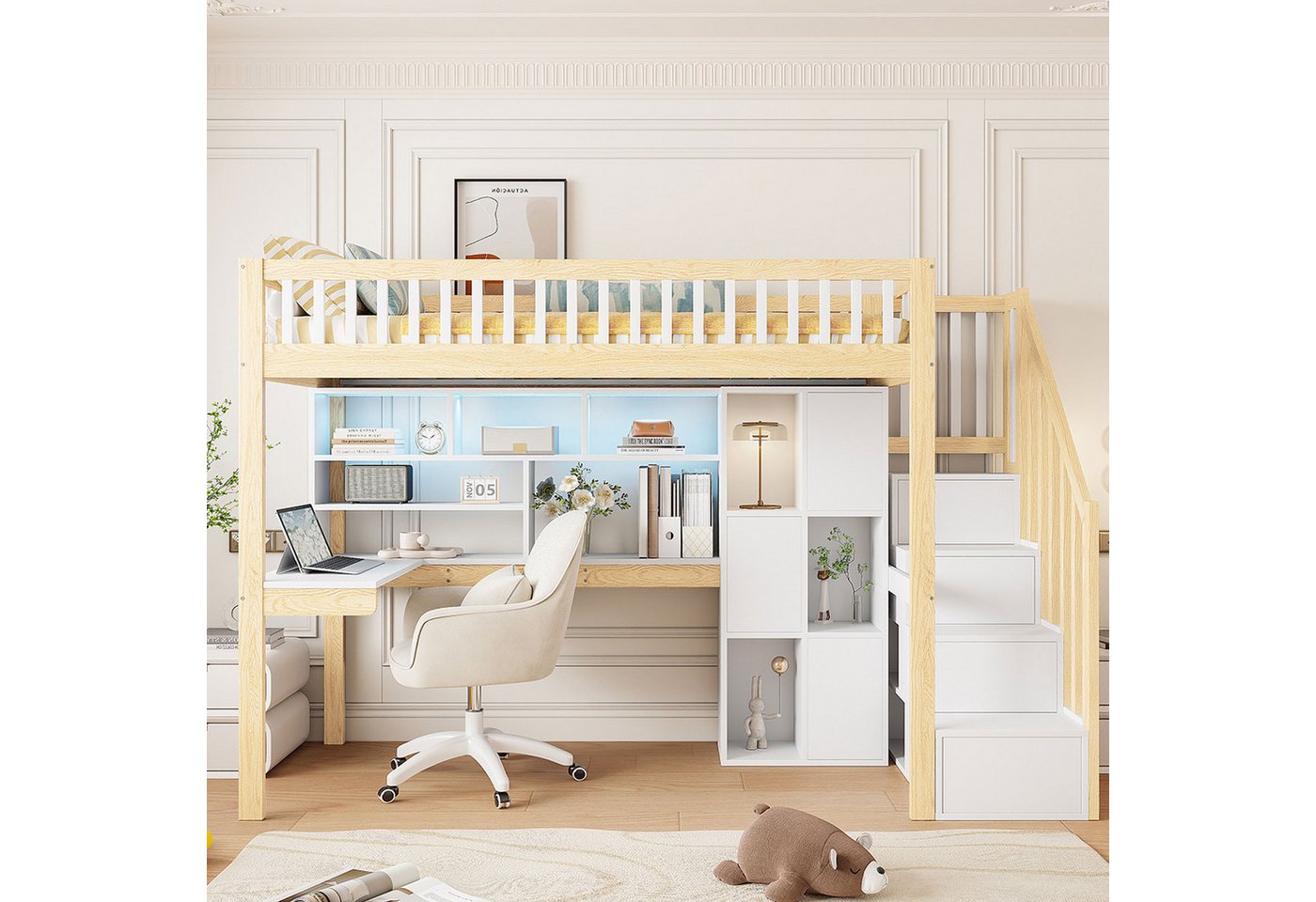 Odikalo Hochbett 90x200 140x200 mit Schreibtisch & LED (Hochbett, Jugendbett, Kinderbett, 90x200 / 140x200 cm, Mit LED-Leuchten, Ablageleiter, Regale, Ablagefächer, Schreibtisch, ohne Matratze, Weiß / Weiß+Natur) Odikalo Hochbett 90x200 140x200 mit Schreibtisch & LED (Hochbett, Jugendbett, Kinderbett, 90x200 / 140x200 cm, Mit LED-Leuchten, Ablageleiter, Regale, Ablagefächer, Schreibtisch, ohne Matratze, Weiß / Weiß+Natur) von Odikalo