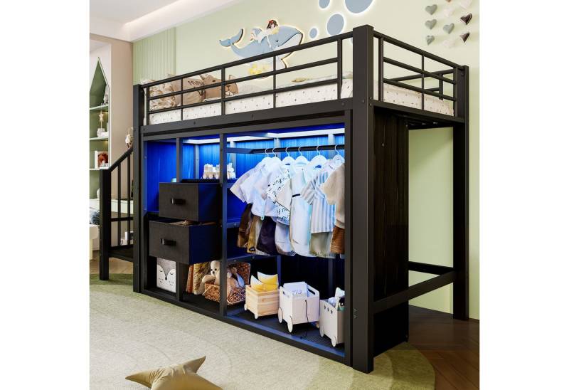 Odikalo Hochbett Metall 90x200 Schubladen Kleiderschrank LED Staufächer schwarz/weiss von Odikalo