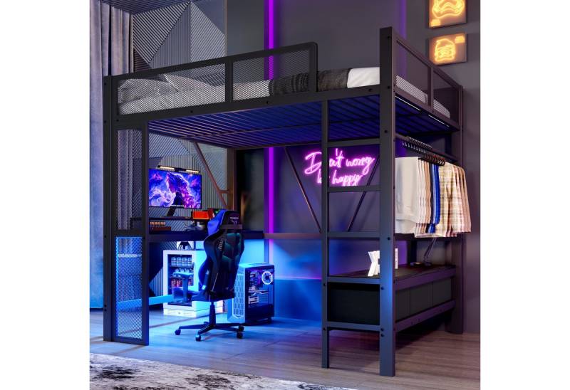 Odikalo Hochbett Metall-Spielbett LED Schreibtisch Kleiderschrank Schubladen 140x200cm von Odikalo