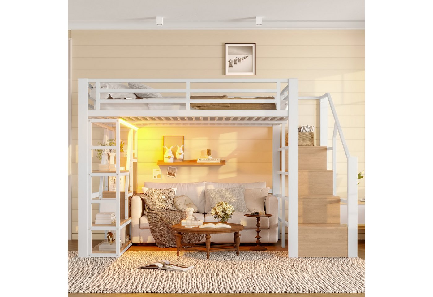 Odikalo Hochbett Metallbett 140x200 mit Stauraum & LED (Hochbett, 140 x 200 cm, Eisenrahmen, Ablagefach, integrierte Stufen, Schutzgeländer, Leiter, mit LED-Lichtleiste, offener Stauraum unter dem Bett, Matratze nicht im Lieferumfang enthalten, Schwarz / Weiß) Odikalo Hochbett Metallbett 140x200 mit Stauraum & LED (Hochbett, 140 x 200 cm, Eisenrahmen, Ablagefach, integrierte Stufen, Schutzgeländer, Leiter, mit LED-Lichtleiste, offener Stauraum unter dem Bett, Matratze nicht im Lieferumfang enthalten, Schwarz / Weiß) von Odikalo