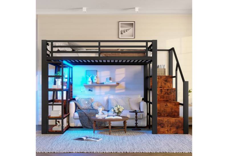 Odikalo Hochbett Metallbett 140x200 mit Stauraum & LED (Hochbett, 140 x 200 cm, Eisenrahmen, Ablagefach, integrierte Stufen, Schutzgeländer, Leiter, mit LED-Lichtleiste, offener Stauraum unter dem Bett, Matratze nicht im Lieferumfang enthalten, Schwarz / Weiß) von Odikalo