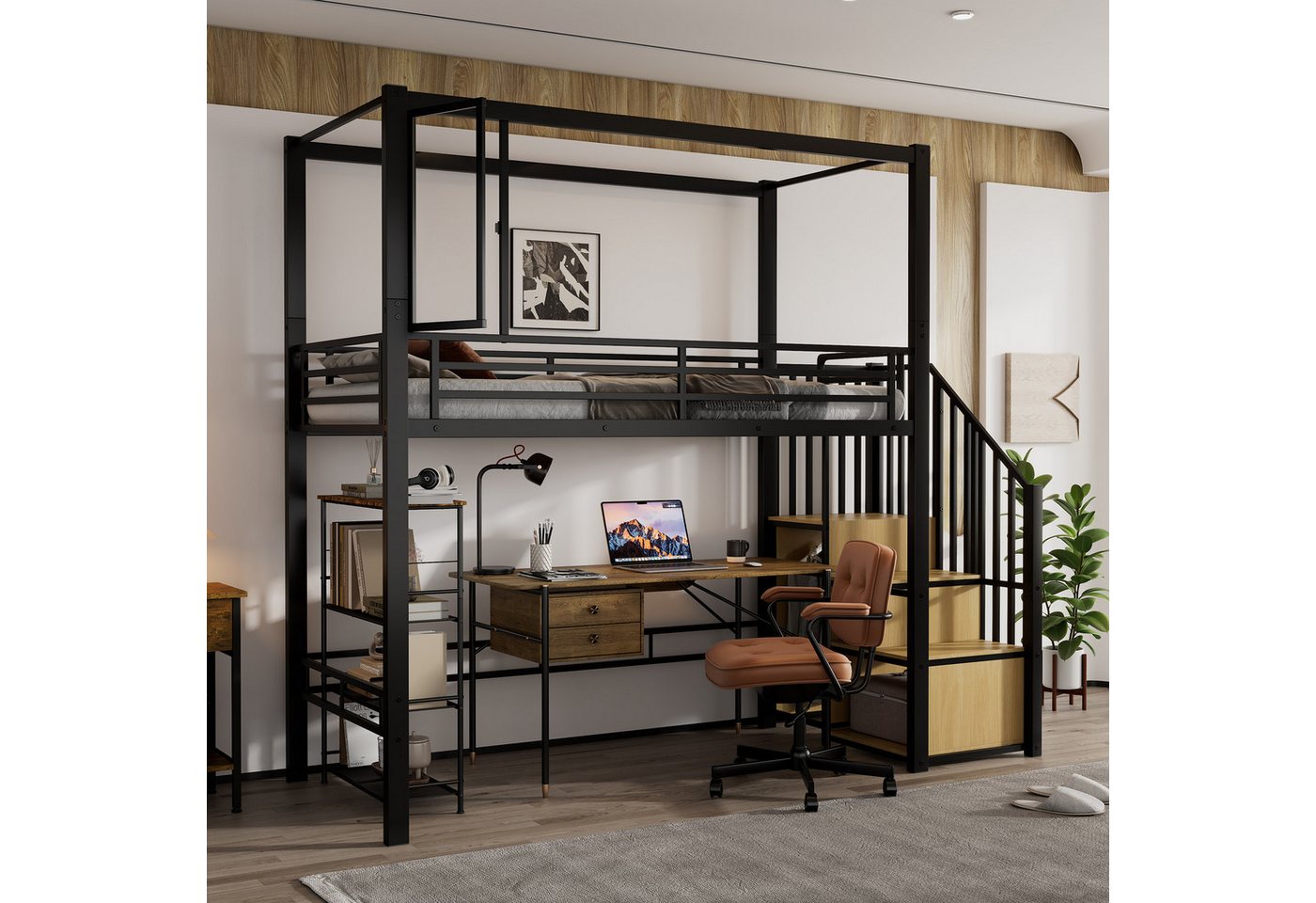 Odikalo Hochbett Metallbett Kinderbett Jugendbett Lagertreppe 90x200cm Schwarz+Natur Odikalo Hochbett Metallbett Kinderbett Jugendbett Lagertreppe 90x200cm Schwarz+Natur von Odikalo