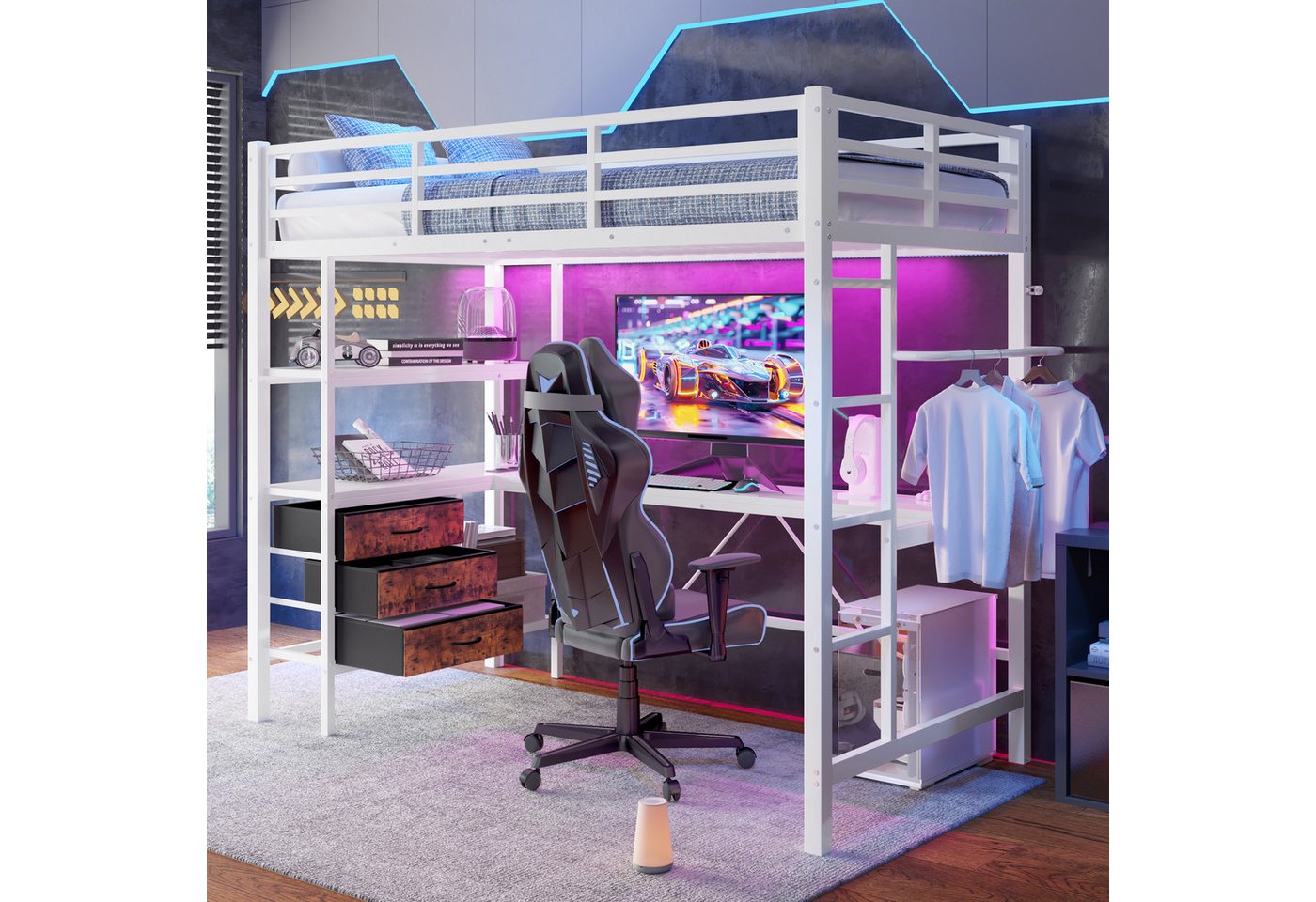 Odikalo Hochbett Metallbett Kinderbett Schreibtisch USB Schubladen 90x200 Weiß/Schwarz von Odikalo