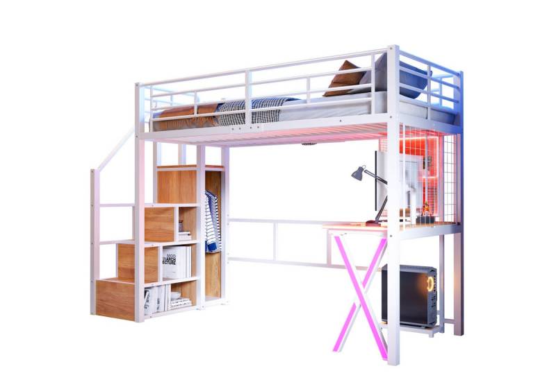 Odikalo Hochbett Metallbett LED Ablageleiter Schreibtisch Kleiderschrank Regale 90/140 Odikalo Hochbett Metallbett LED Ablageleiter Schreibtisch Kleiderschrank Regale 90/140 von Odikalo