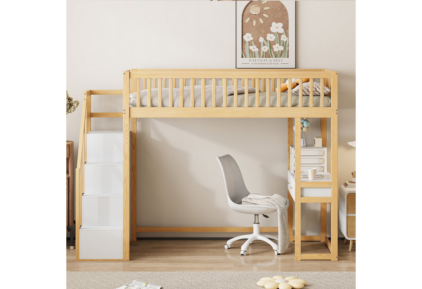 Odikalo Hochbett 90x200 Jugendbett Kinderbett mit Schreibtisch (90x200 Hochbett mit Multifunktionstisch, sicherer Aufbewahrungstreppe, Bettgestell aus massivem Kiefernholz für Kinder und Jugendliche) von Odikalo