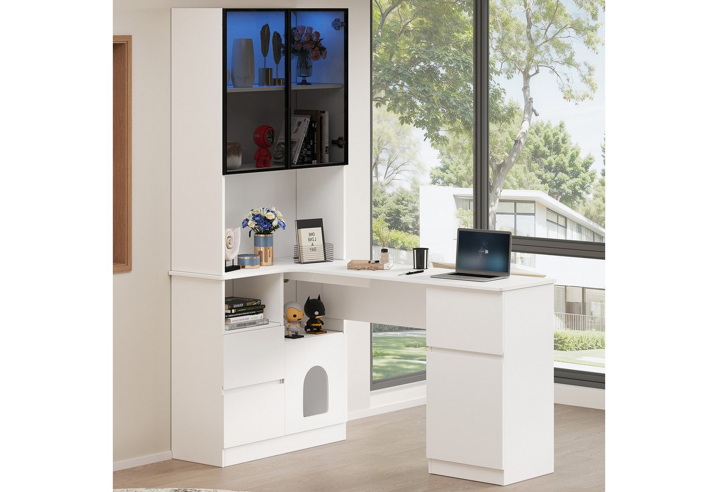 Odikalo Hochschrank Schreibtisch Eckschreibtisch mit LED - Vitrineschrank Weiss (Eckschreibtisch mit Regal und LED-Vitrinenschrank 120×80×180 cm – Schreibtisch mit Kabeldurchlass, 3 Schubladen, 2 Türen, offenen Fächern & Haustierfach,Ein Eckschreibtisch mit eingebautem Bücherregal) von Odikalo