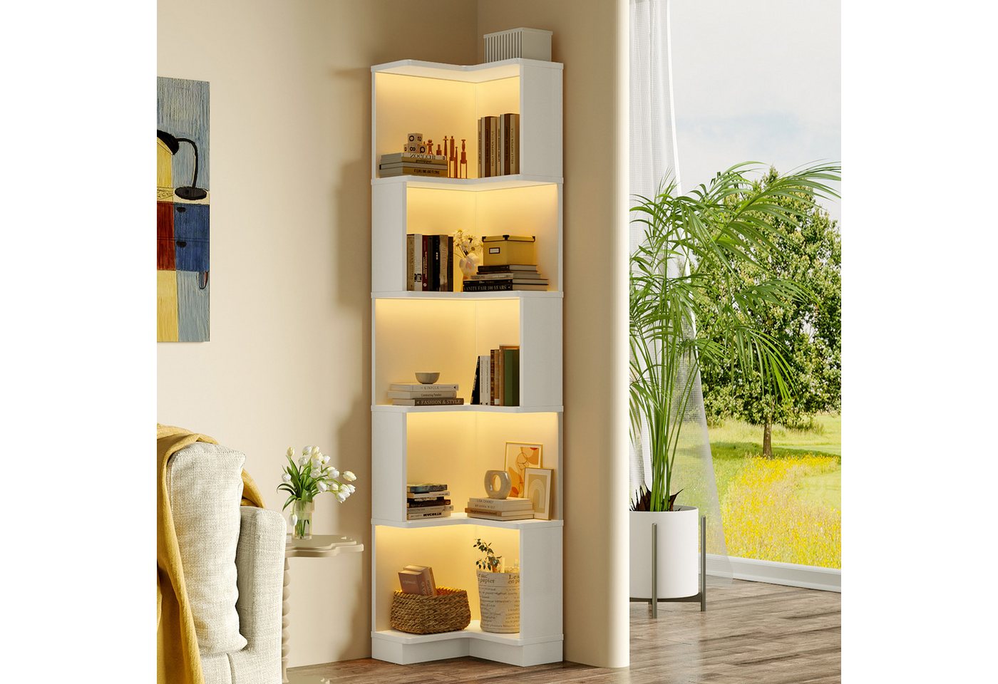 Odikalo Vitrine Vitrineschrank Eckschrank Hochschrank mit LED (63.5 x 45 x 175cm Eckbücherregal, Multifunktionsbücherregal, L-förmiges Bücherregal, LED-Farbwechsel-Lichtleiste, Fernbedienung/App-Steuerung, fünfschichtiger Stauraum, weiß) von Odikalo
