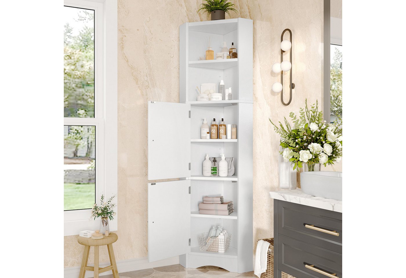 Odikalo Hochschrank Standvitrine Eckschrank mit Ablagefächern (Dreieckiger Badezimmerschrank, Volllackierung, zwei offene Ablagefächer, zwei Schranktüren, verstellbare Trennwände, einfache Form, weiß) von Odikalo