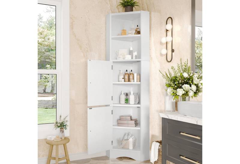 Odikalo Hochschrank Standvitrine Eckschrank mit Ablagefächern (Dreieckiger Badezimmerschrank, Volllackierung, zwei offene Ablagefächer, zwei Schranktüren, verstellbare Trennwände, einfache Form, weiß) von Odikalo