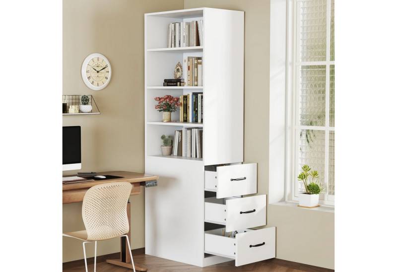 Odikalo Hochschrank Eckschrank Standvitrine mit Stauraum (180 cm hohes, extra schmales Bücherregal mit seitlichen Schubladen - Verstellbare Böden, links und rechts austauschbar, geeignet für kleine Räume -Sideboard, Wohnzimmer-Hochschrank, Bücherregal, für Wohnzimmer, Esszimmer, Flur, Schlafzimmer, Büro, Wohnung) von Odikalo